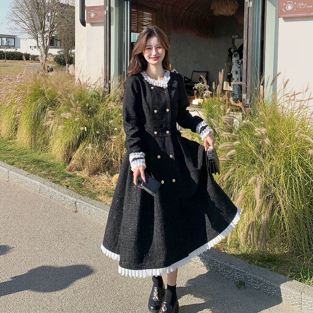 【ワンピース】シャネル風 レース 切り替え フェミニン 長袖 ワンピース 【JZシリーズ】
