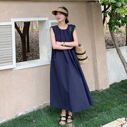 【ワンピース】ネイビーブルー ノースリーブ ワンピース 夏 リラックス系 小規模ブランド おしゃれ ゆったり 万能 ロングドレス【JZシリーズ】