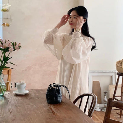 【ワンピース】韓国風 シック 春新作 スウィート フリルネック シアー感 ドット柄 バルーンスリーブ 長袖ワンピース【JZシリーズ】