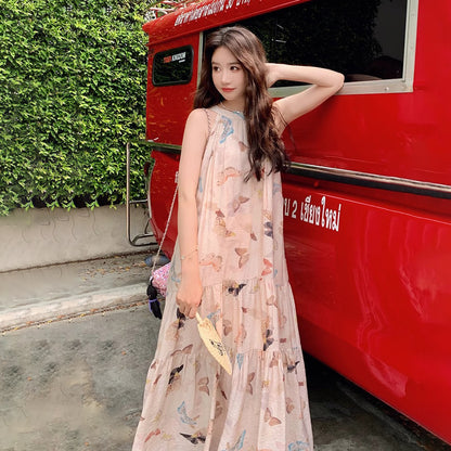 【ワンピース】夏 ビーチリゾート風 蝶柄 ノースリーブワンピース【SHシリーズ】