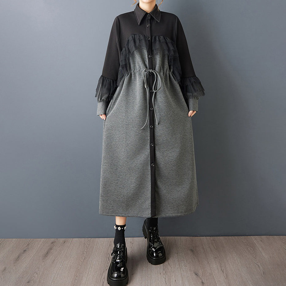 【ワンピース】春秋新作 ワイドシルエット ダークテイスト プリーツデザイン チュールレイヤード 長袖ワンピース トレンチ ロング丈 モード系【AHシリーズ】