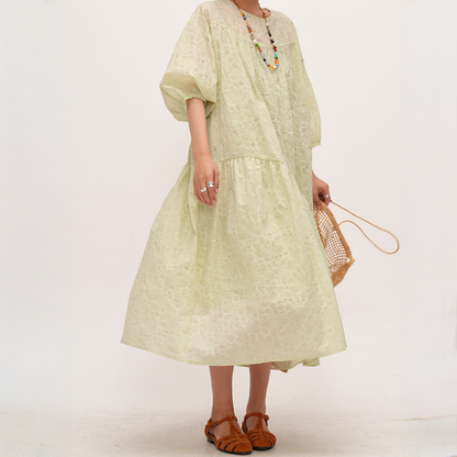 【ワンピース】夏 青みグリーン 楊柳 コットン フレンチラウンドネック 半袖 ワンピース 【SHシリーズ】