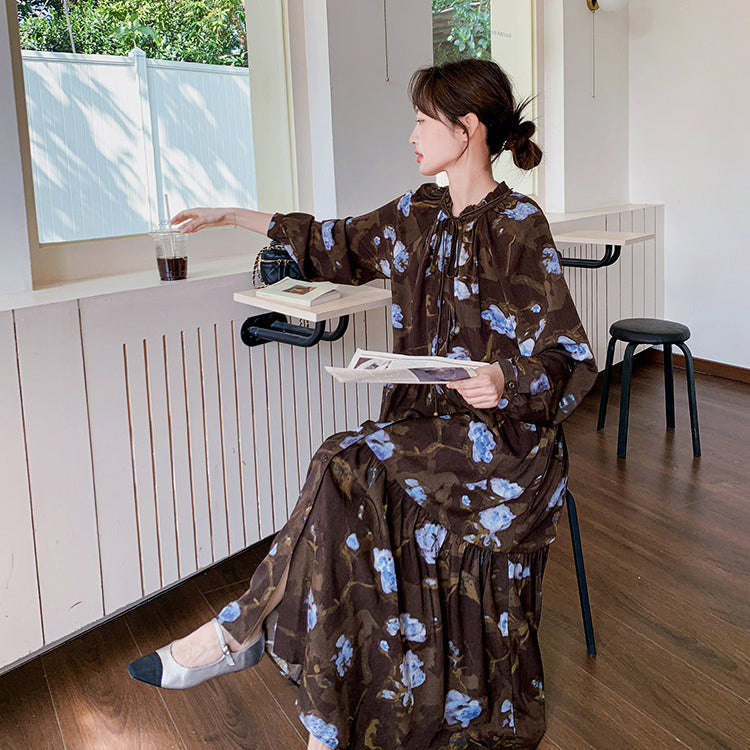 【ワンピース】ヴィンテージ風 フリルカラー 花柄 長袖ワンピース 2026春新作 小柄向け ロング丈【SHシリーズ】