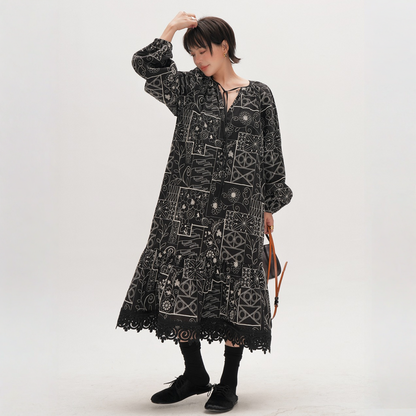 【ワンピース】春 秋 総刺繍 レトロ エスニック風 ジャカード 長袖 ワンピース【JZシリーズ】