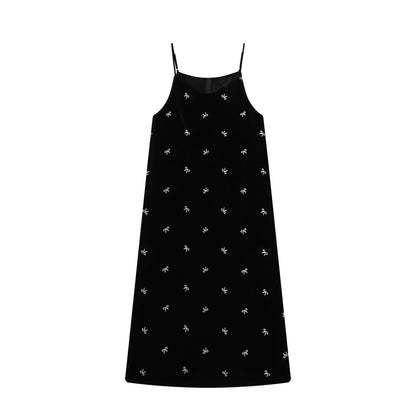 【ワンピース】ベロア刺繍 Vネック ノースリーブ ワンピース レディース 秋冬 韓国風 厚手 Aライン ロング丈【SHシリーズ】