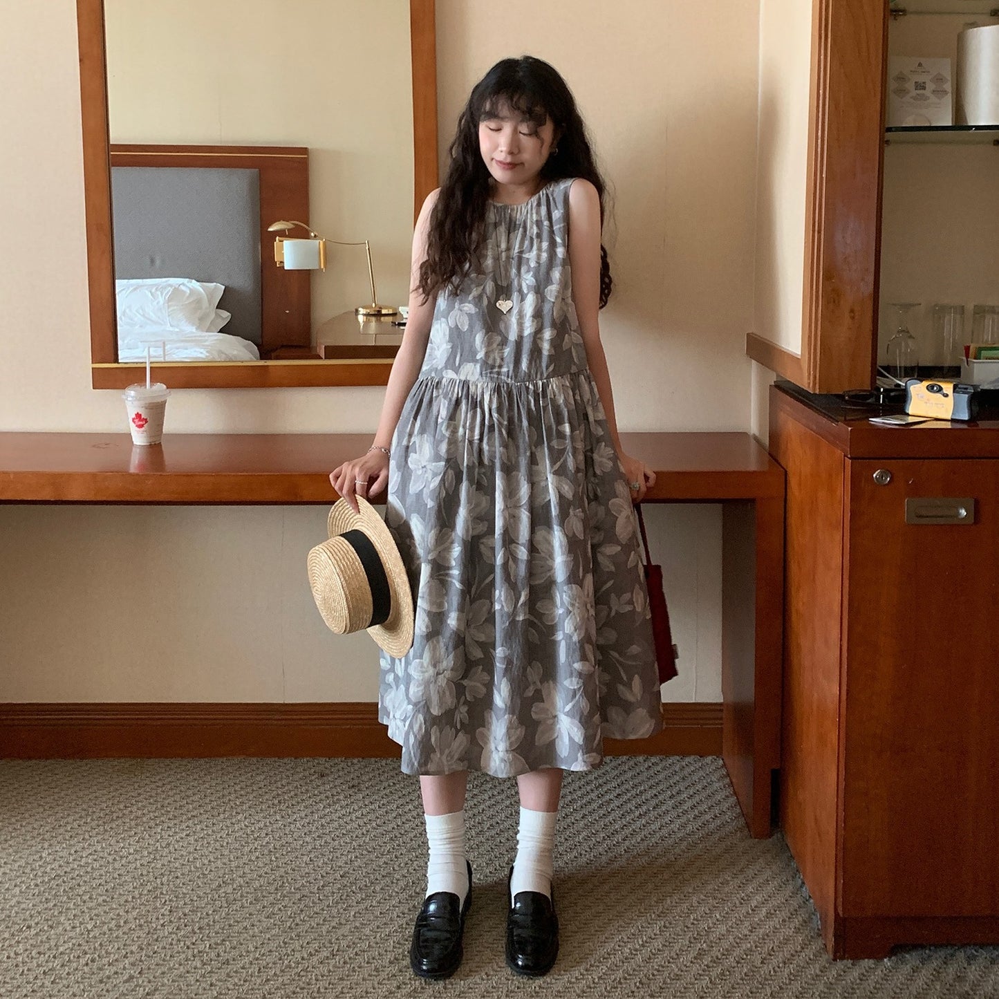 【ワンピース】夏 フロッキープリント プリント 	ヴィンテージ風 花柄 ノースリーブ ワンピース 【SHシリーズ】