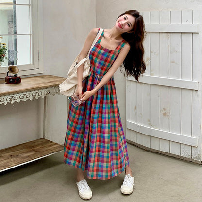 【ワンピース】夏 ドーパミンカラー チェック 高級感 シェイプアップ リゾート風 ノースリーブワンピース【SHシリーズ】