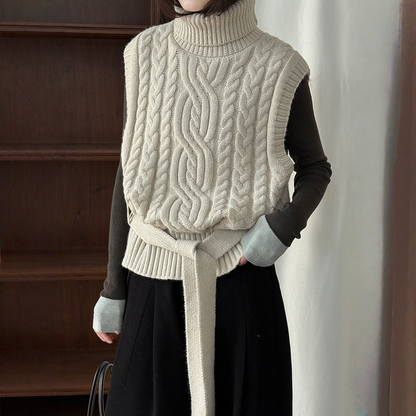 【トップス】春 秋 冬 ハイネック ケーブル ベルト付き ノースリーブ セーター 【JZシリーズ】