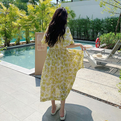 【ワンピース】フラワーワンピース レディース 夏新作 パフスリーブ ナチュラル リラックスシルエット Aライン ロング丈【SHシリーズ】