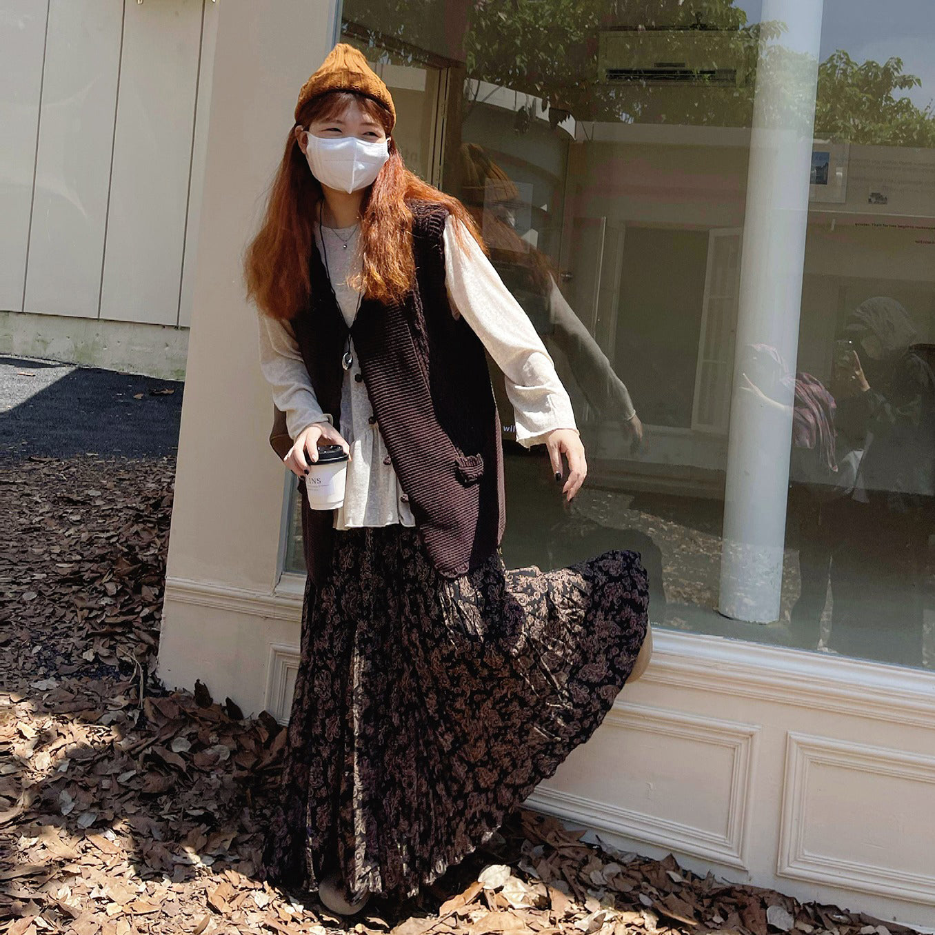 【ボトムス】レトロ風 ハイウエスト スリム見え フレアロングスカート 花柄プリーツ デザイン性スカート【SHシリーズ】