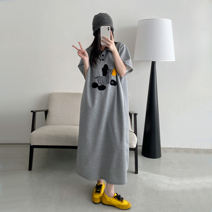 【ワンピース】夏 プリント 立襟 ルーズ ロング ワンピース【FCシリーズ】