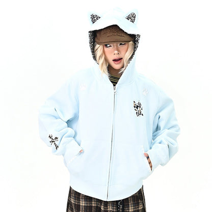 【アウター】レオパード柄 猫耳 フードジップアップ スウェット レディース ゆったりBF風 カジュアルジャケット【シリーズ】