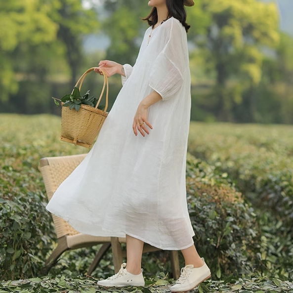 【ワンピース】ダブルレイヤーワンピース 長袖 ロングドレス 軽量 通気性抜群 フェミニン ゆったりシルエット お出かけ用【JZシリーズ】