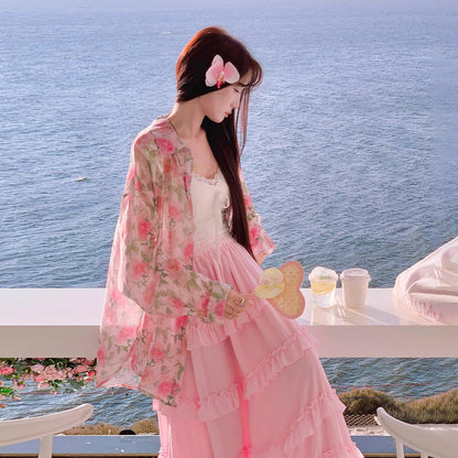 【アウター】UVカット フラワーシャツアウター 春夏 韓国風 ゆったり バックスリットデザイン【SHシリーズ】