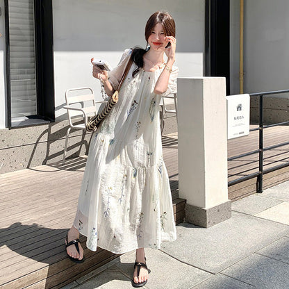 【ワンピース】半袖ワンピース レディース ボタニカルプリント パフスリーブ フレアワンピース ロング丈 リゾート風 ナチュラル【SHシリーズ】