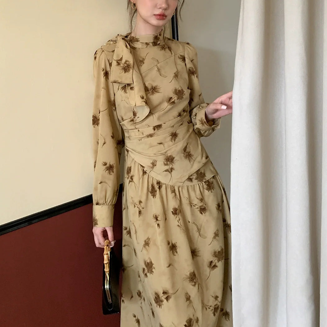 【ワンピース】春 秋 冬 リボンタイ襟 リント プリント ウエストマーク 花柄 ワンピース 【JZシリーズ】