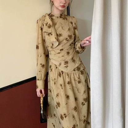 【ワンピース】春 秋 冬 リボンタイ襟 リント プリント ウエストマーク 花柄 ワンピース 【JZシリーズ】