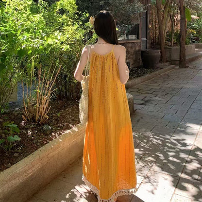 【ワンピース】ビーチリゾート風 エレガントなリラックス感 フリンジ付き ノースリーブワンピース