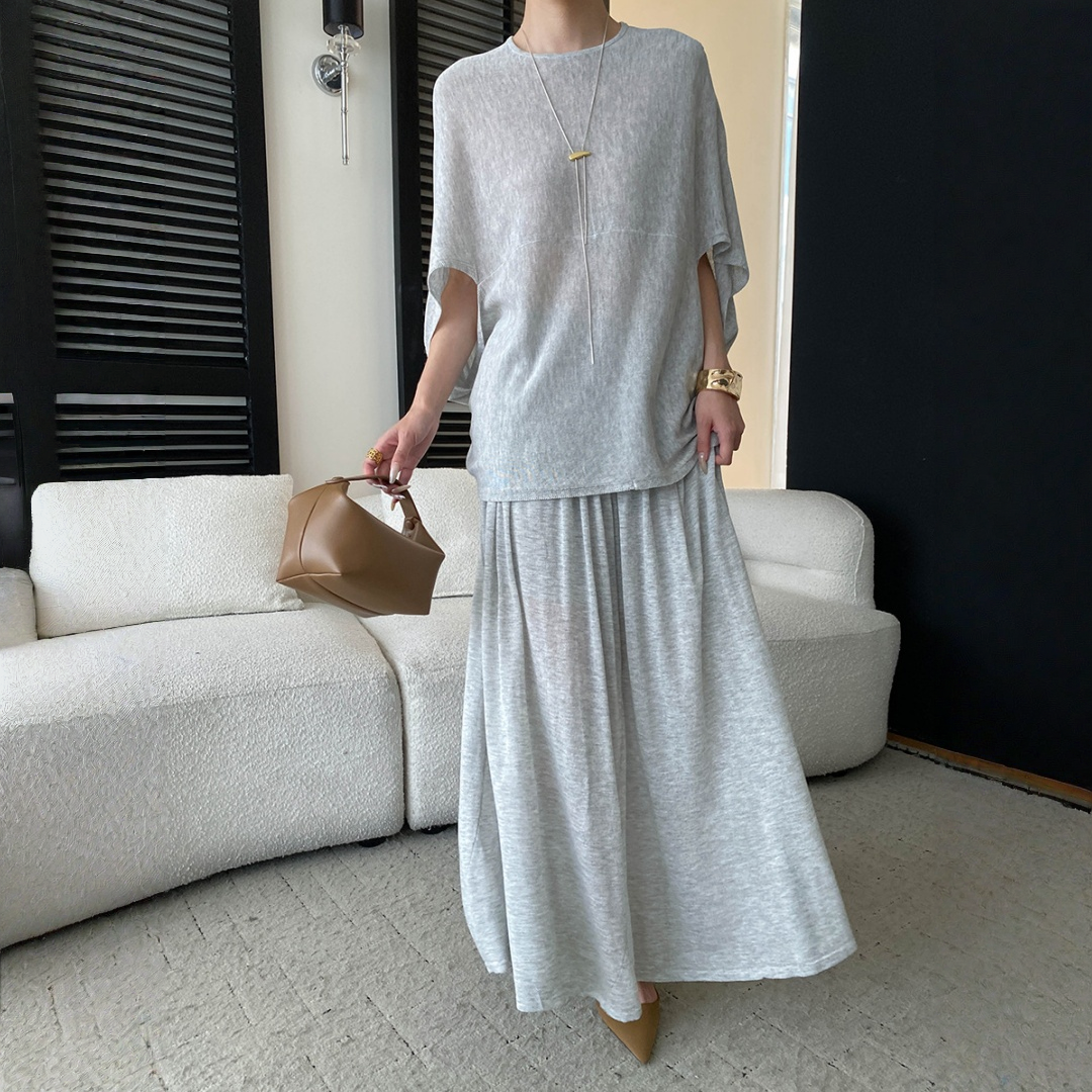 【セットアップ】ルーズでリラックス感 ドルマンスリーブ ニットトップス + ウエストゴム ハイウエストスカート 2点上下セット【JZシリーズ】