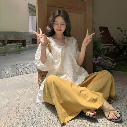 2点セット！【セットアップ】レディース 上下セット フレンチガーリー レース Vネック トップス＋ワイドパンツ 細見え ゆったり 上品 きれいめ 夏新作【SHシリーズ】