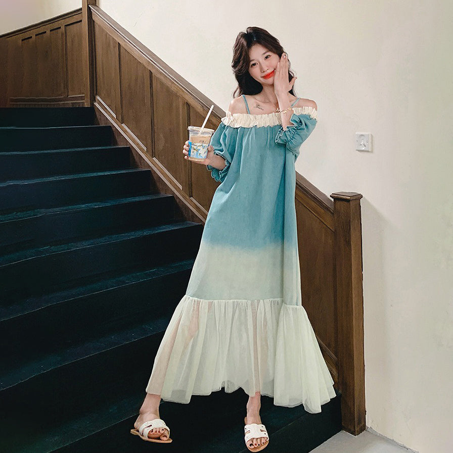 【ワンピース】夏 フレンチ温柔風 スウィート オフショルダーグラデーション 半袖ワンピース【SHシリーズ】