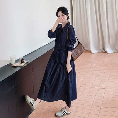 【ワンピース】レトロカジュアル ゆったりデニム 長袖ワンピース レディース フレンチエレガント 学院風 シャツワンピース【JZシリーズ】
