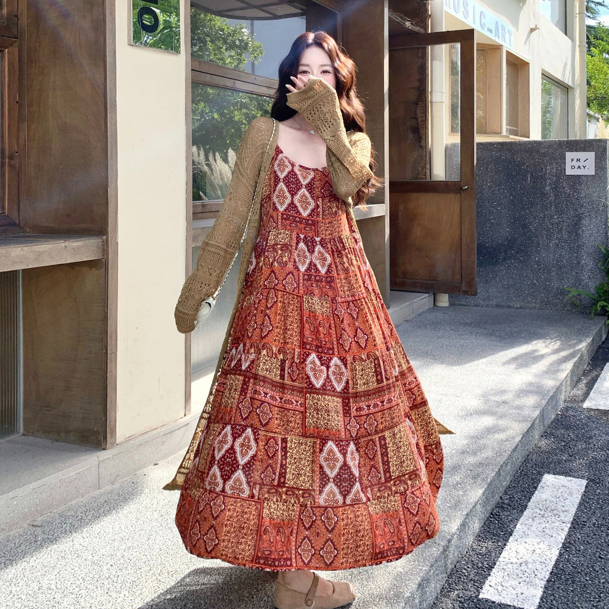 2点セット！【セットアップ】ヴィンテージ風ニットカーディガン×花柄キャミワンピースセット レディース 秋服新作 ボヘミアン ナチュラル感あふれるレイヤードコーデ【SHシリーズ】