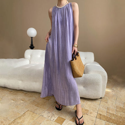 【ワンピース】リラックス感 ホリデースタイル クルーネック ギャザーデザイン ノースリーブワンピース【SNシリーズ】