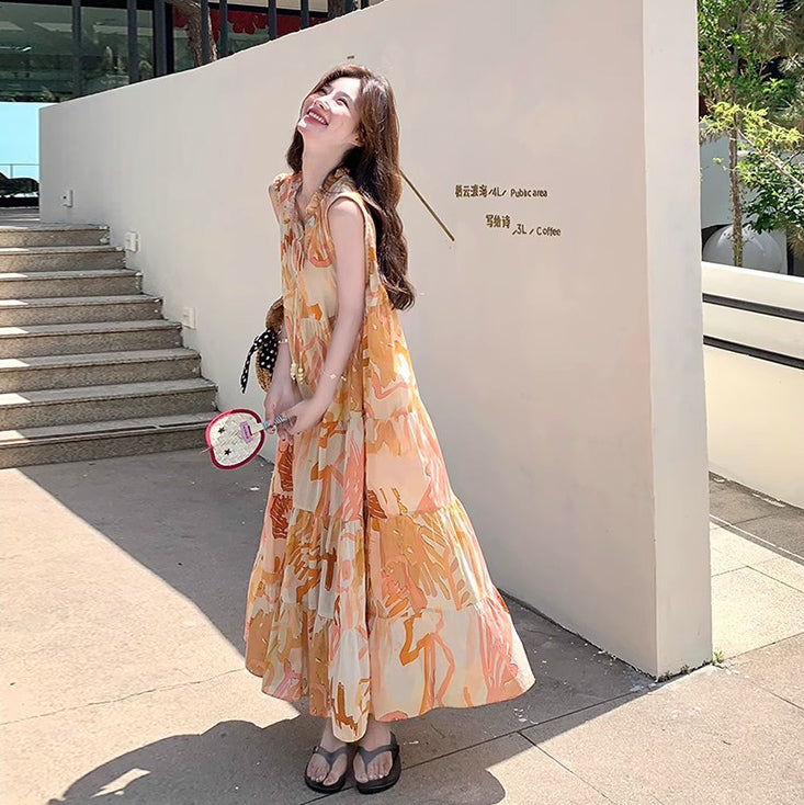 【ワンピース】高級感あふれるロマンティックリゾート風 シフォン花柄ノースリーブワンピース【SHシリーズ】