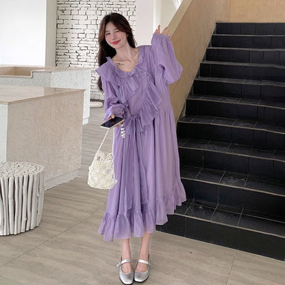【ワンピース】フレンチ風パープルワンピース レディース 長袖 ロング丈 春夏秋 柔らかい雰囲気【JZシリーズ】