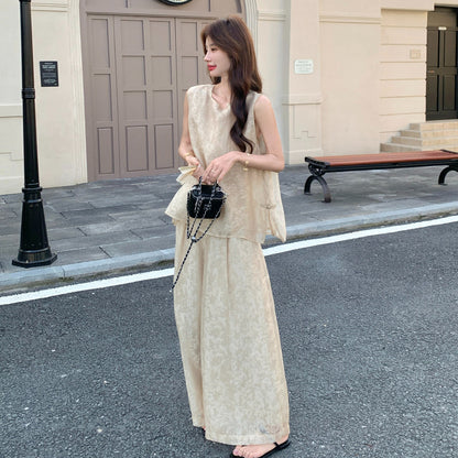 2点セット！【セットアップ】オールドマネー風 レース切替 夏 ベスト+ワイドパンツ 上下セット 上品 高級感【JZシリーズ】