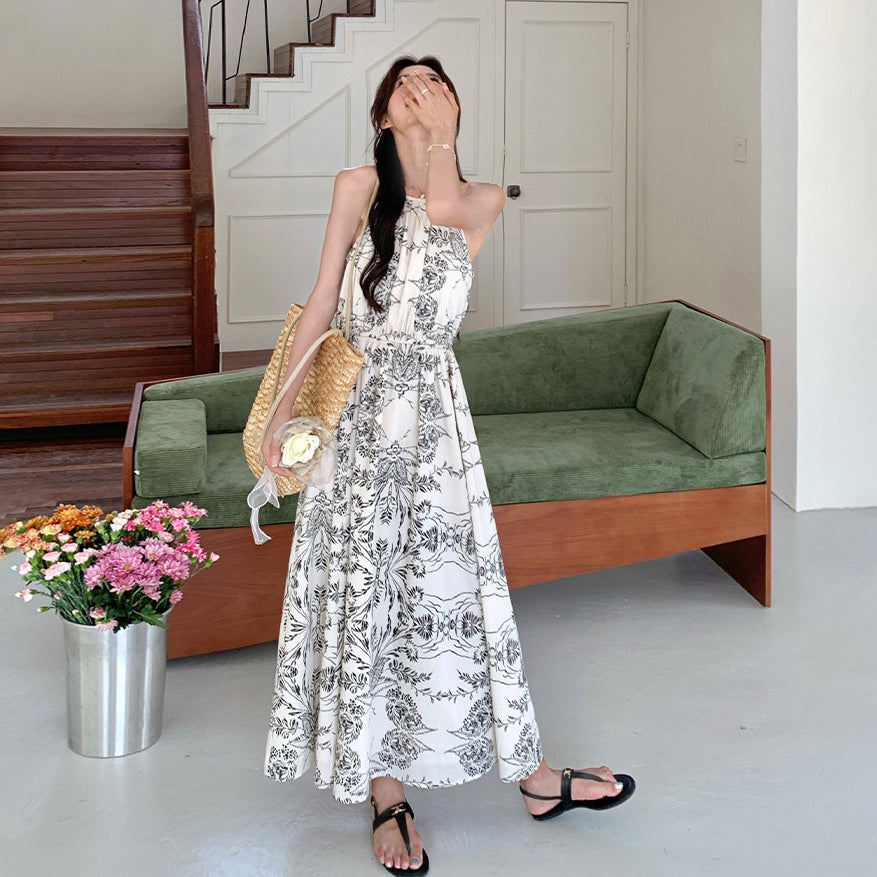 【ワンピース】フレンチ高級感 水墨画風プリント ホルターオフショル ノースリーブワンピース【SHシリーズ】