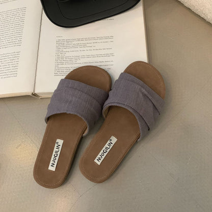 【シューズ】リゾート風 ビーチ リネン プリーツ フラットサンダル 外履き 夏用