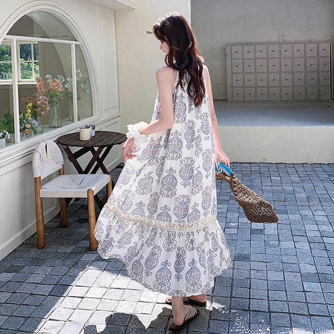 【ワンピース】高級感 青花瓷プリント 夏 刺繍 フリンジ ドレープ ノースリーブワンピース【SHシリーズ】