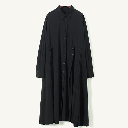 【24AW】【ワンピース】レジャー ラペル ルーズ プリーツ 長袖ワンピース