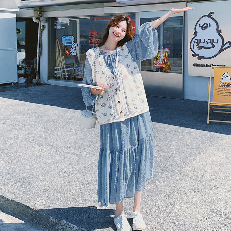 2点セット！【セットアップ】ベスト重ね着風 ロングワンピース 2点セット 春秋 韓国スタイル フレッシュ可愛い 学院風【SHシリーズ】