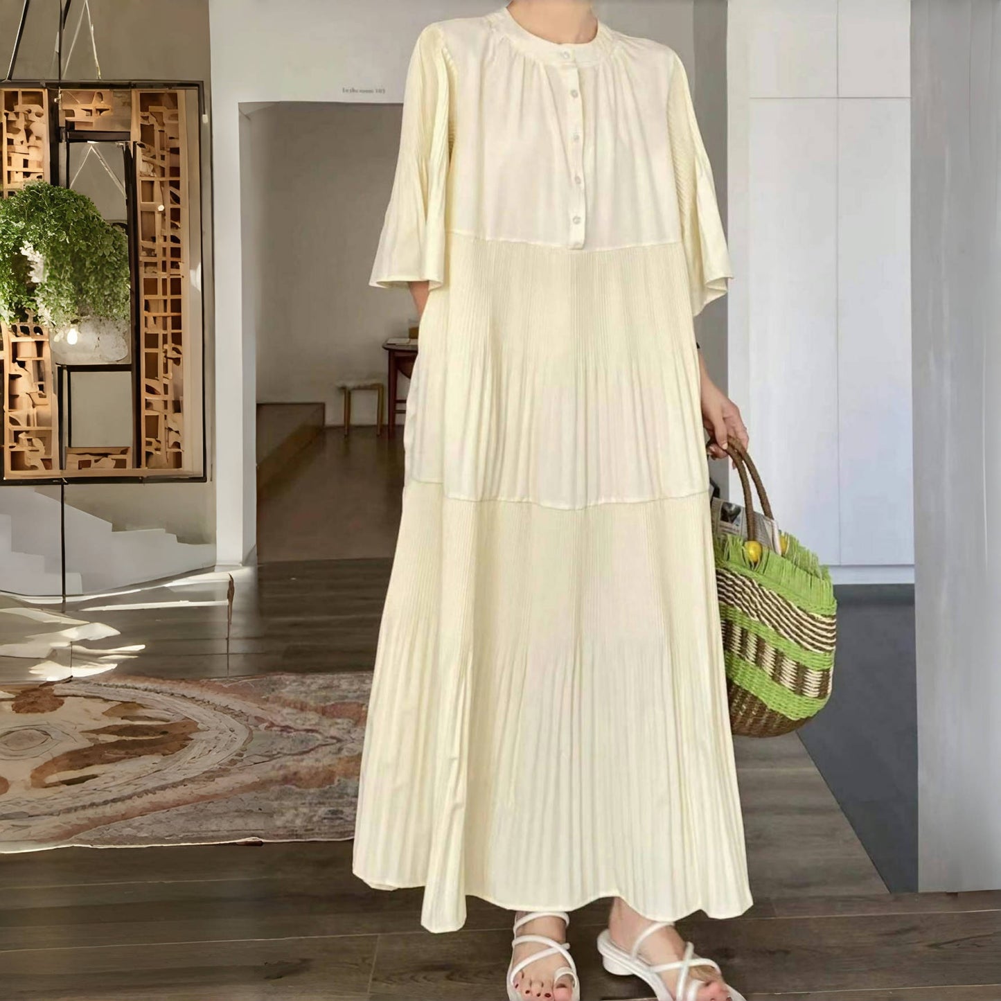 【ワンピース】夏 プリーツ 切り替え 大振裾 半袖 ワンピース