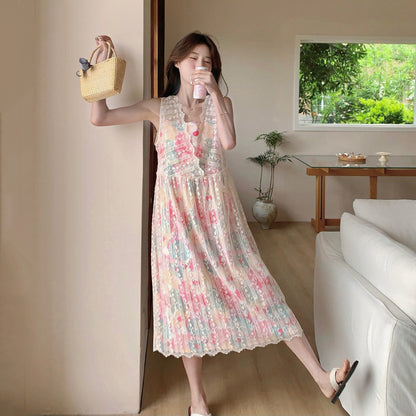 2点セット！【セットアップ】今年のトレンド 油絵プリントワンピース＋メッシュワンピース 高級感 レイヤード 2点セット【SHシリーズ】