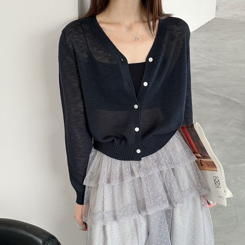 【トップス】Vネック ニットカーディガン レディース 春新作 薄手 長袖 ショート丈 無地 ゆったり 冷房対策【JZシリーズ】