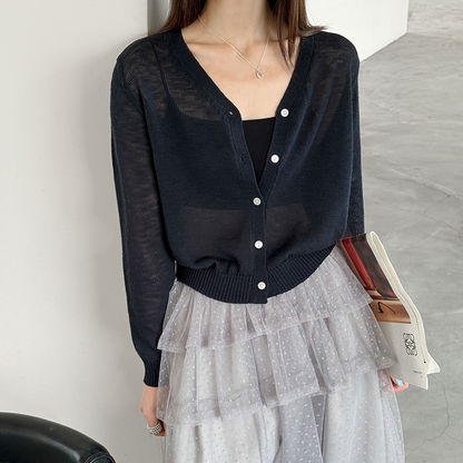 【トップス】Vネック ニットカーディガン レディース 春新作 薄手 長袖 ショート丈 無地 ゆったり 冷房対策【JZシリーズ】