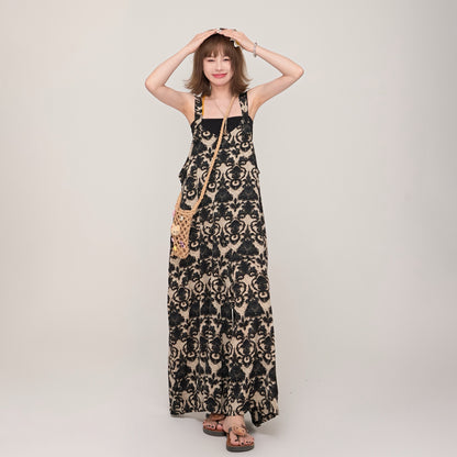 【ボトムス】ゆったりルーズ感 Vネックサロペット 夏新作 エンボスジャガード ワイドパンツオールインワン【SHシリーズ】