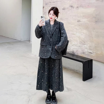 【セットアップ】刺繍入り ウール風 ブレンド ダウンジャケット＆スカート 上下セット 秋冬 ダウンコート【SHシリーズ】【10～15日内発送】