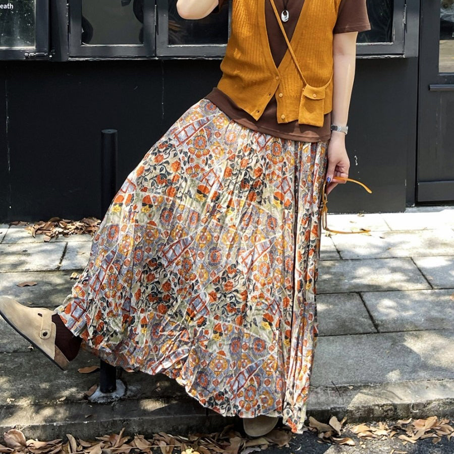 【ボトムス】花柄デザイン ハイウエスト ロングスカート Aライン 落ち感【SHシリーズ】