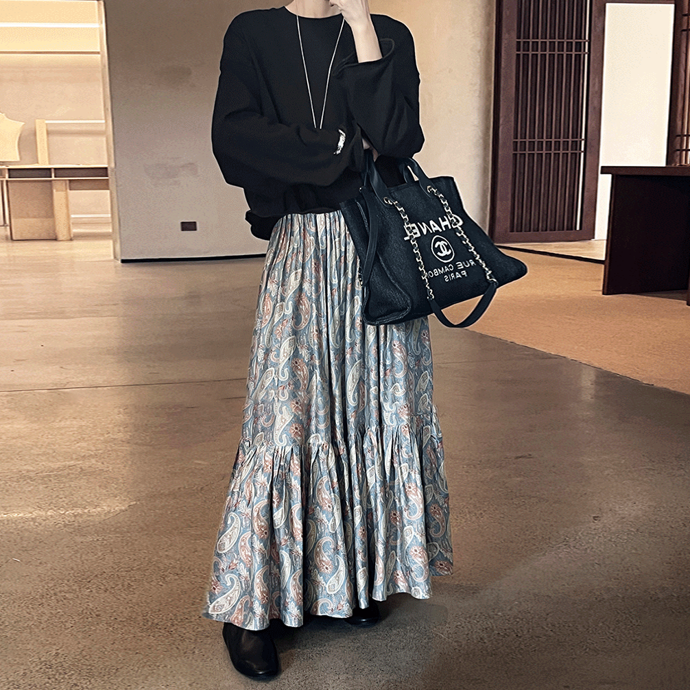 【ボトムス】秋新作 フレンチスタイル ペイズリー柄 切替え フレアスカート リゾート風 レディース コーディネート自在【SHシリーズ】