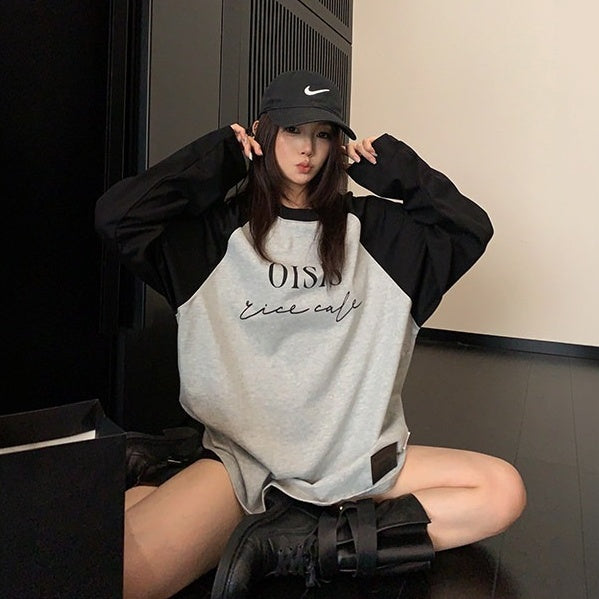 【トップス】配色 ロゴ レトロ 初秋 長袖Tシャツ 【FCシリーズ】