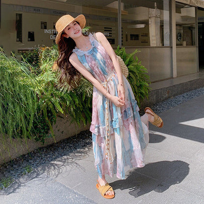 【ワンピース】花柄 ホルターネック ロング丈 ノースリーブワンピース 細見え 体型カバー 上品 リゾート 海外旅行 ビーチコーデ【SHシリーズ】