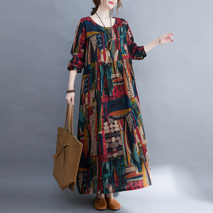 【ワンピース】花柄 大きいサイズ 文芸風 レトロ 長袖 プリント フレアワンピース ゆったり ロング丈 春秋新作【SHシリーズ】