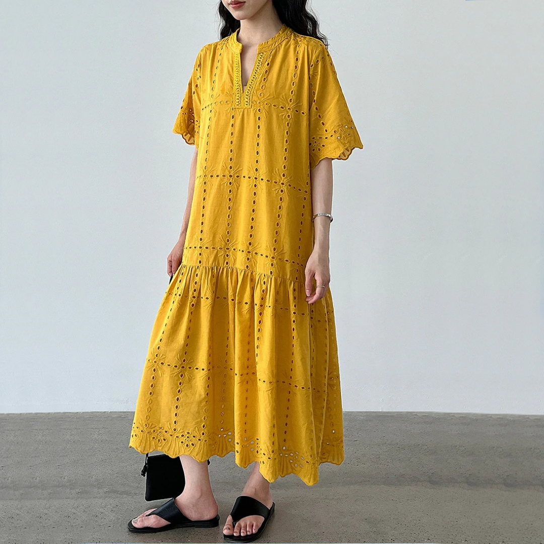 【ワンピース】夏 透かし彫り レース 刺繍 Vネック 半袖 ワンピース【SNシリーズ】