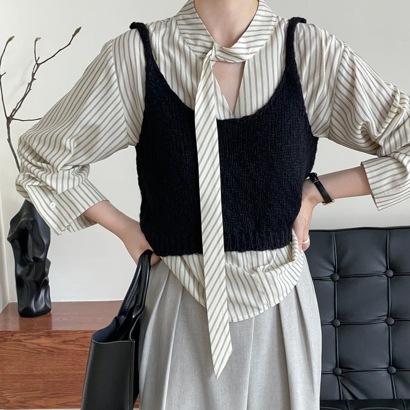 【トップス】韓国系上品デザイン ストライプ柄ボウタイシャツ 長袖シャツ【JZシリーズ】