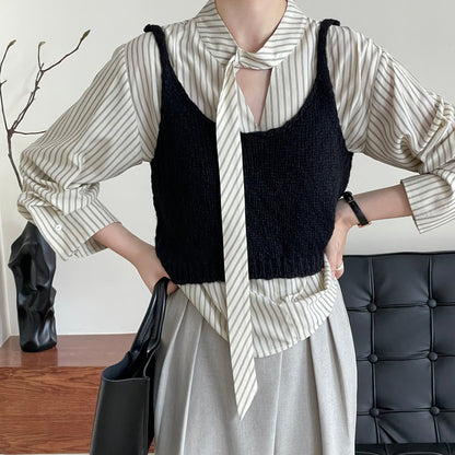 【トップス】韓国系上品デザイン ストライプ柄ボウタイシャツ 長袖シャツ【JZシリーズ】